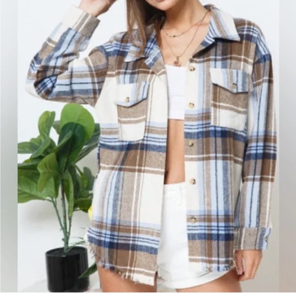Blue B oversized Plaid Button-Up Shirt Shacket / Pockets boxy fit flannel S